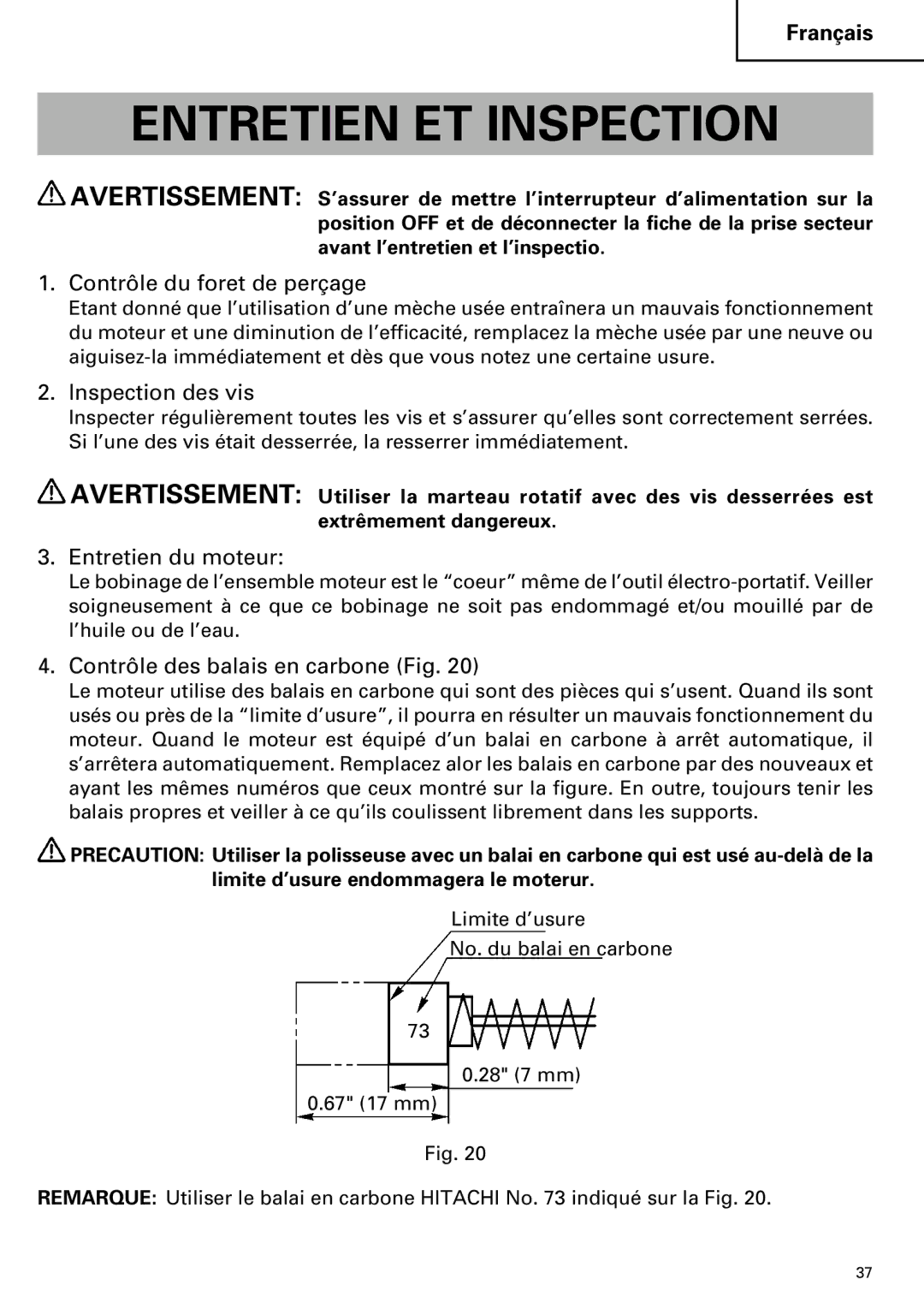 Hitachi DH 40MR Entretien ET Inspection, Contrôle du foret de perçage, Inspection des vis, Entretien du moteur 