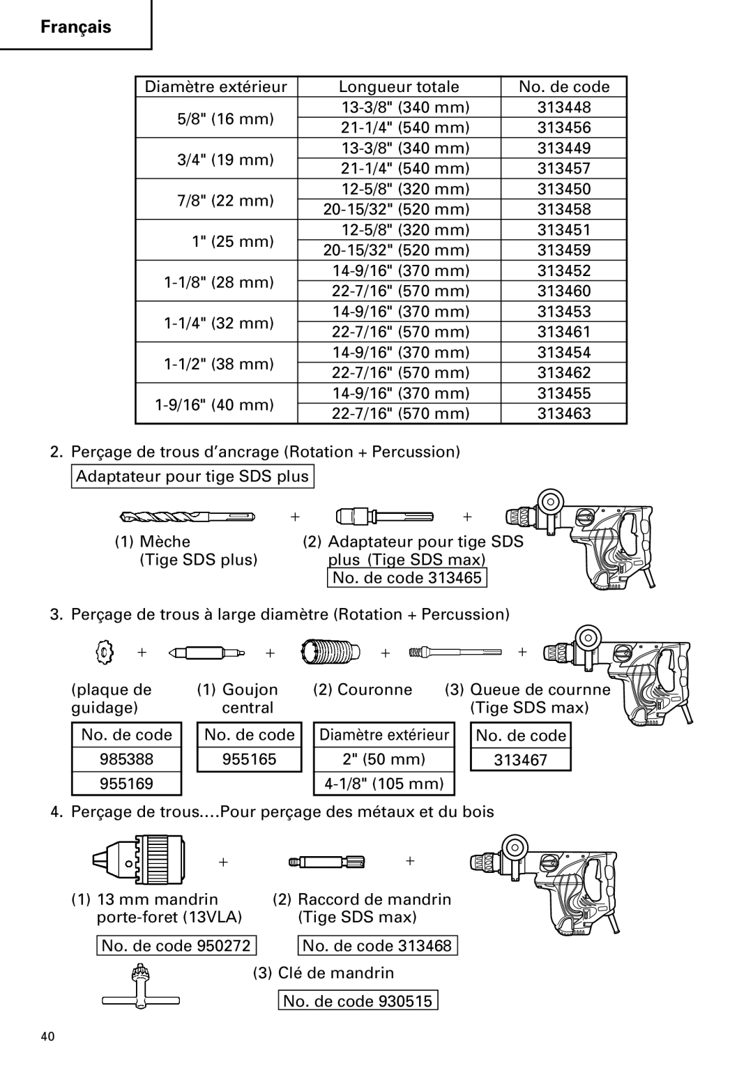 Hitachi DH 40MR instruction manual Diamètre extérieur 