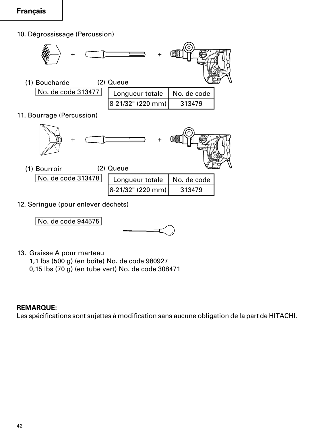 Hitachi DH 40MR instruction manual Remarque 