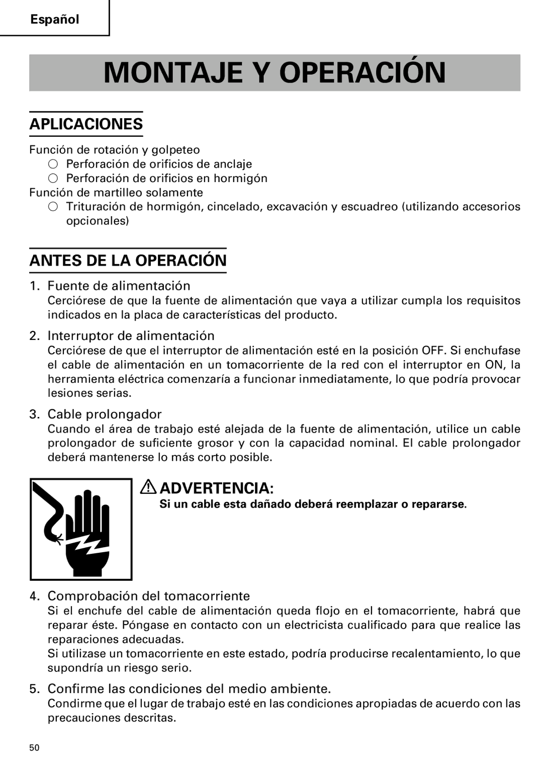 Hitachi DH 40MR instruction manual Montaje Y Operación, Aplicaciones, Antes DE LA Operación 