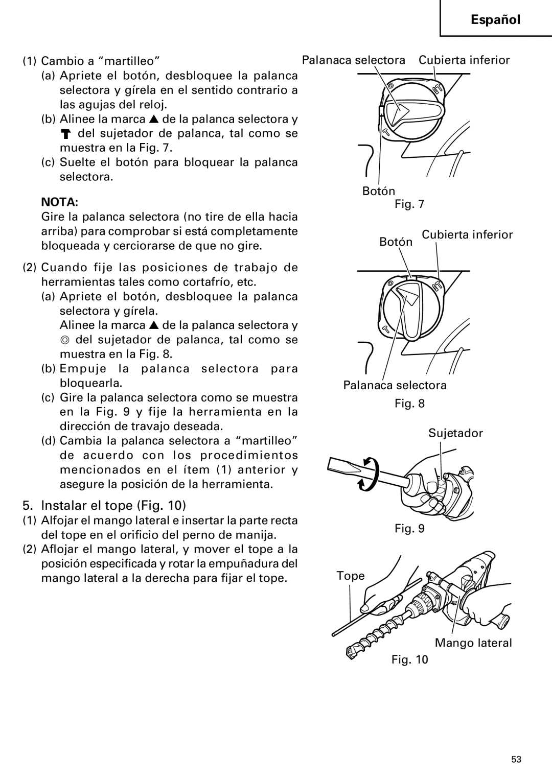 Hitachi DH 40MR instruction manual Instalar el tope Fig 