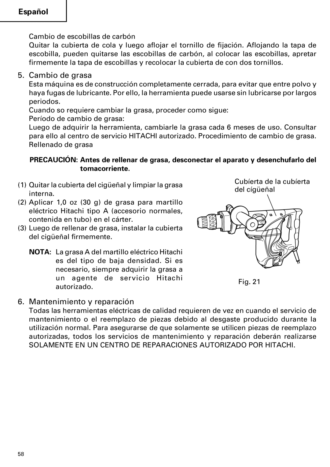 Hitachi DH 40MR instruction manual Cambio de grasa, Mantenimiento y reparación 