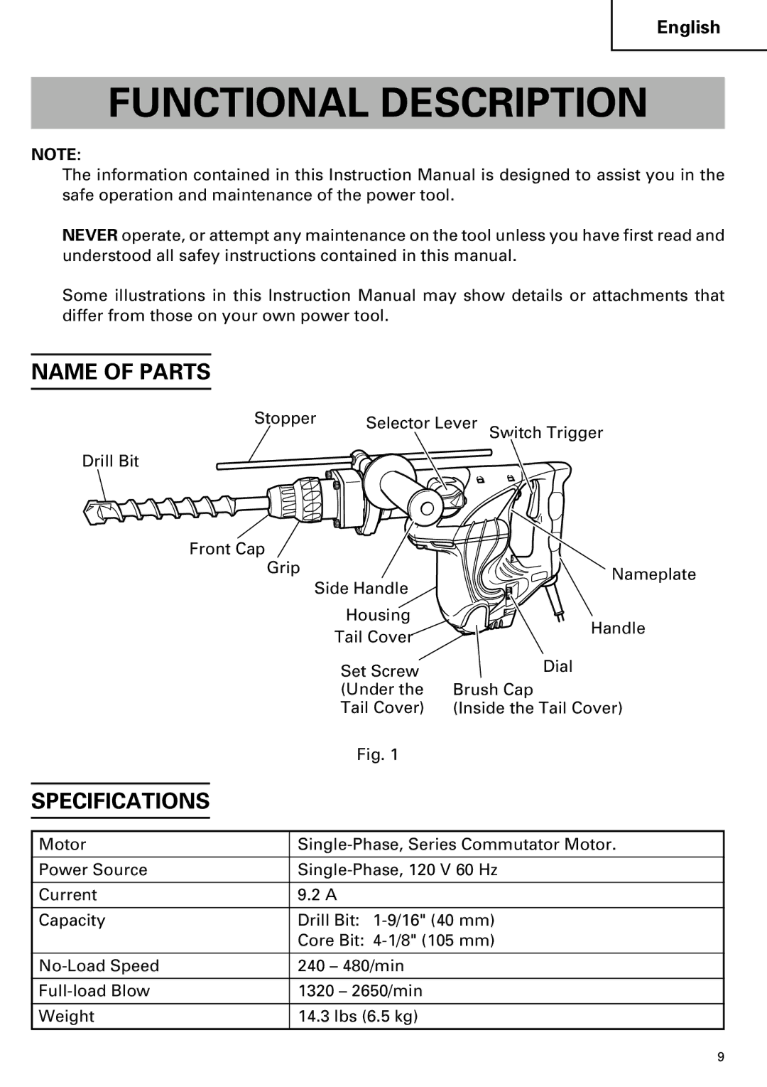 Hitachi DH 40MR instruction manual Functional Description, Name of Parts, Specifications 