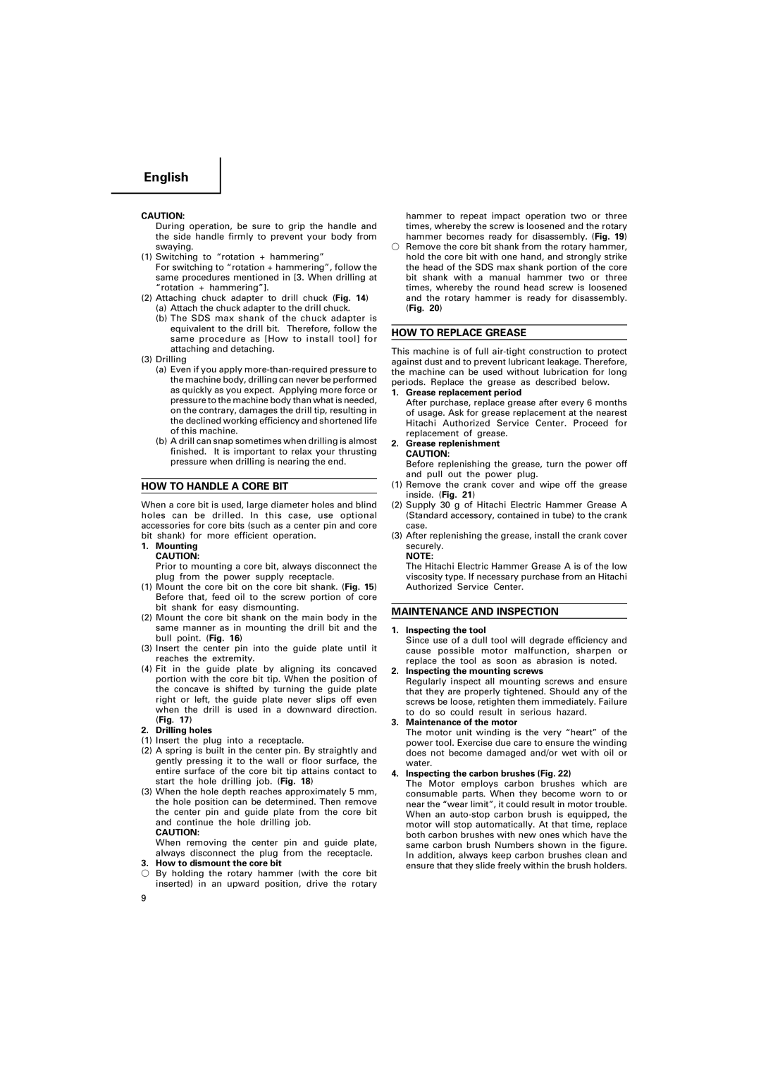 Hitachi DH 40MRY manual HOW to Handle a Core BIT, HOW to Replace Grease, Maintenance and Inspection 