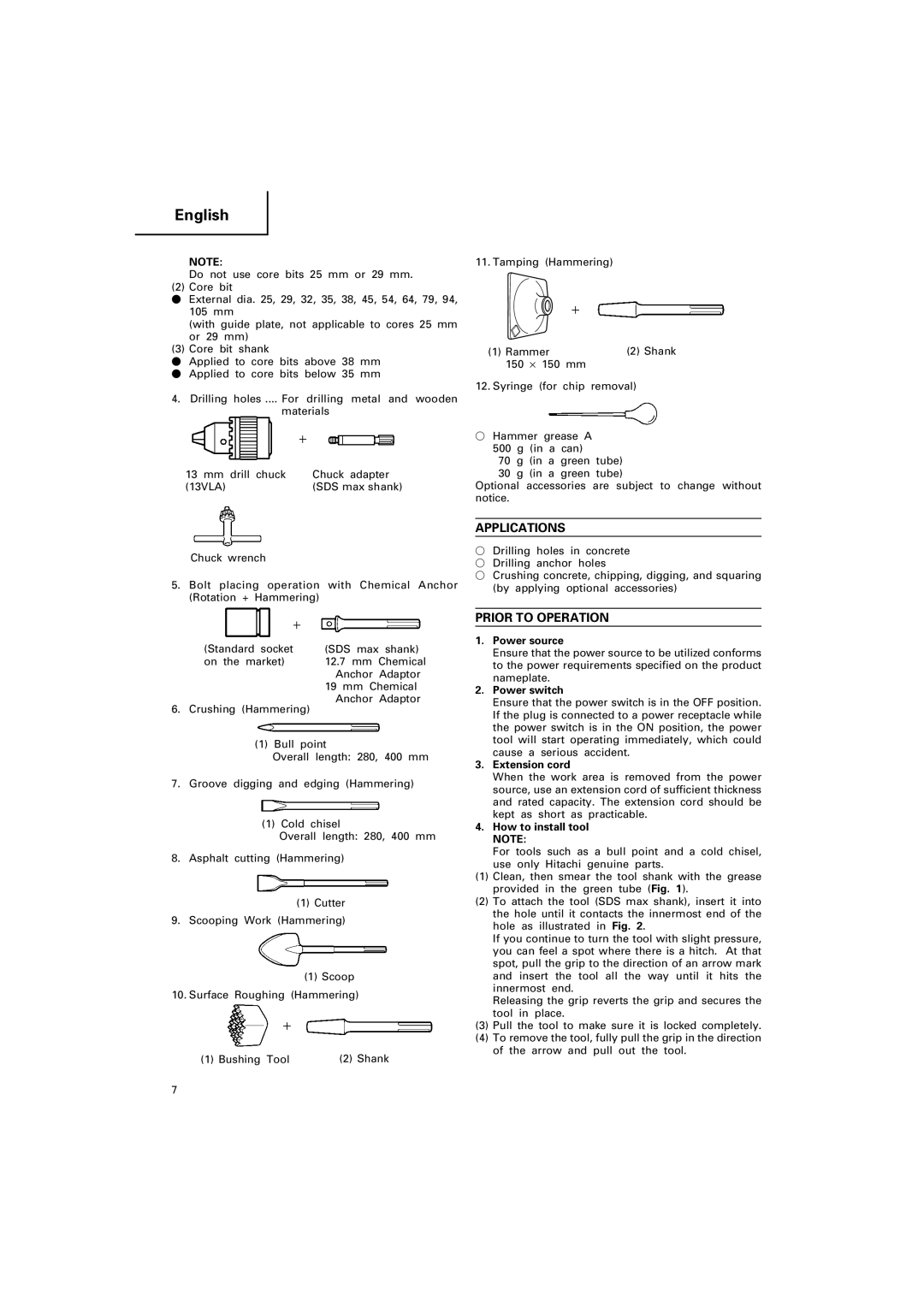 Hitachi DH 40MRY manual Applications, Prior to Operation 