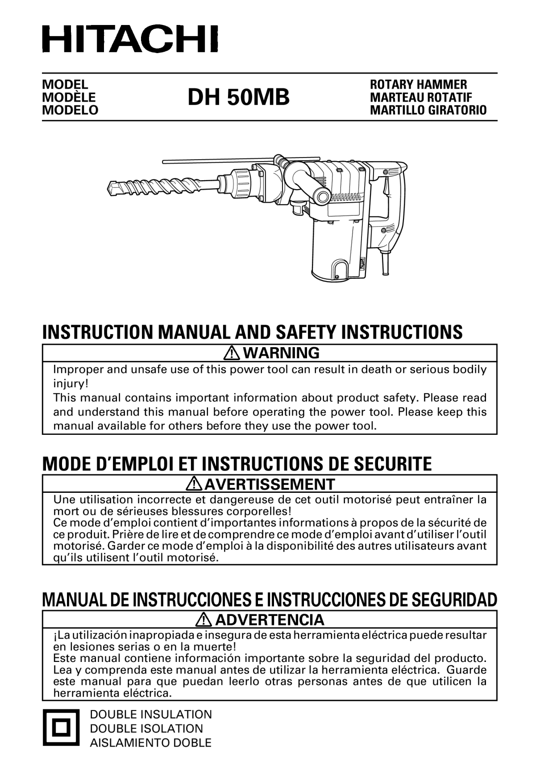 Hitachi DH 50MB instruction manual Manual DE Instrucciones E Instrucciones DE Seguridad 