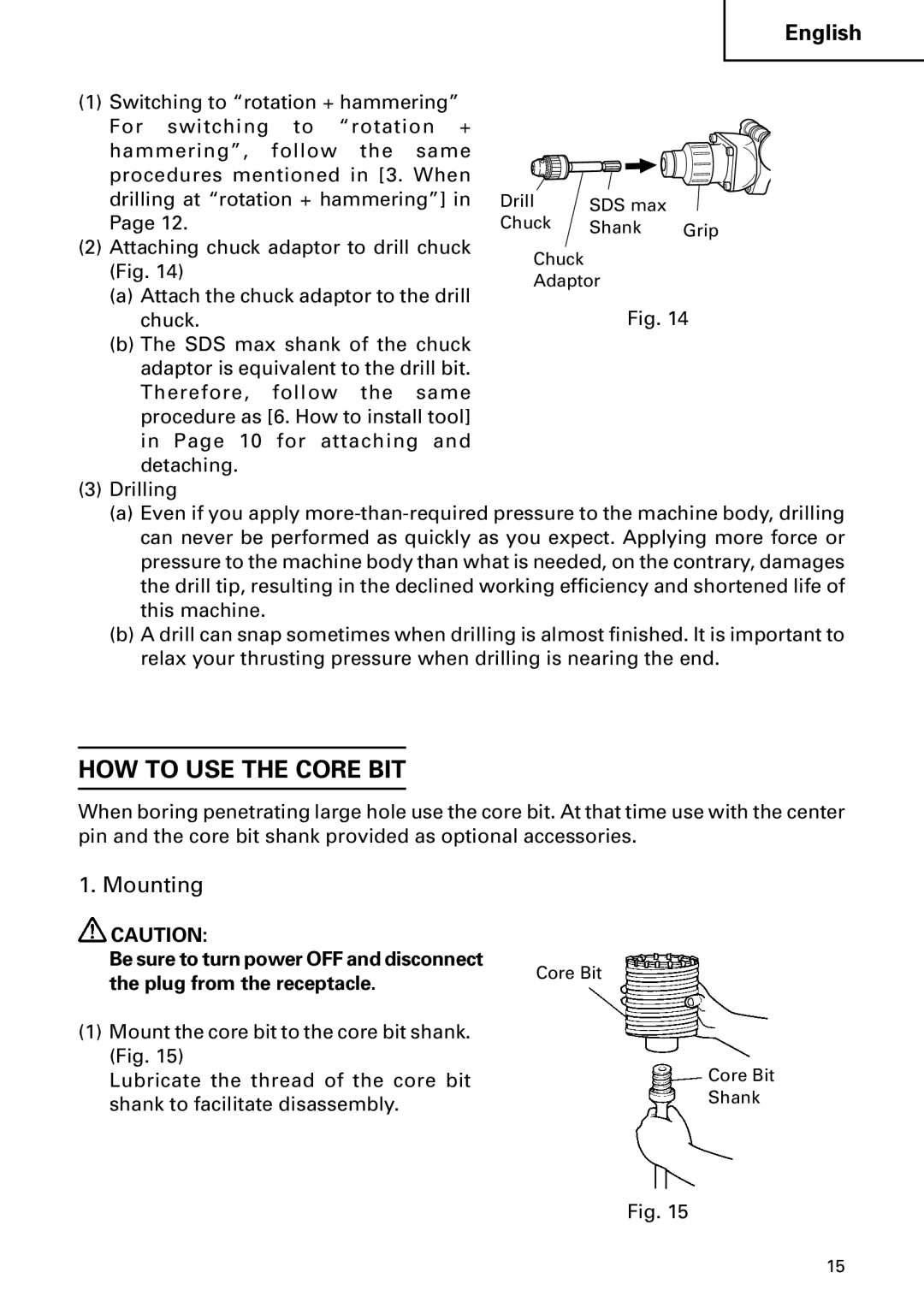 Hitachi DH 50MB instruction manual HOW to USE the Core BIT, Mounting 