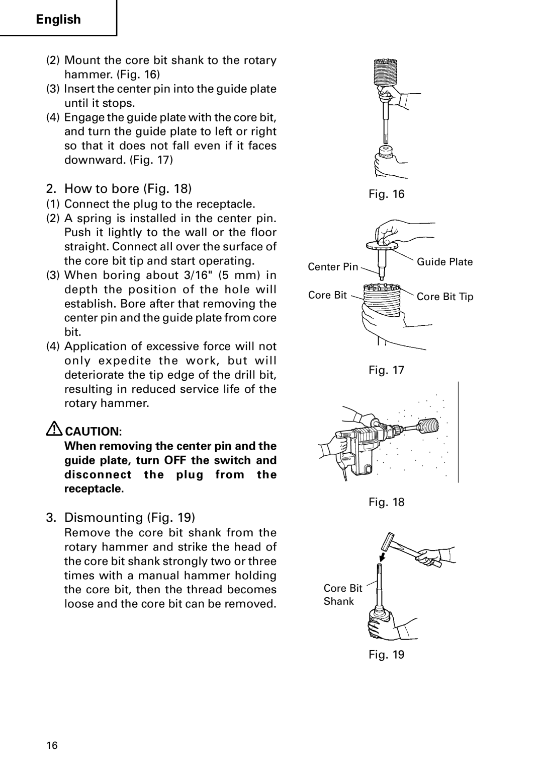 Hitachi DH 50MB instruction manual How to bore Fig, Dismounting Fig 