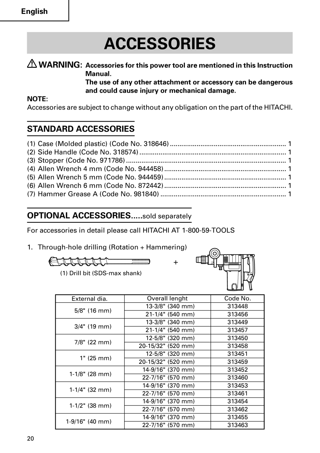 Hitachi DH 50MB instruction manual Standard Accessories 