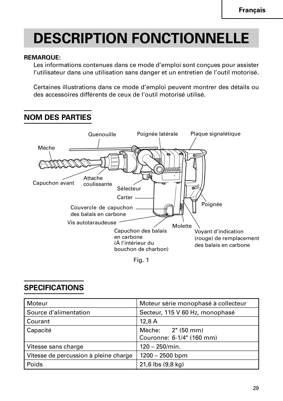 Hitachi DH 50MB instruction manual Description Fonctionnelle, NOM DES Parties, Remarque 