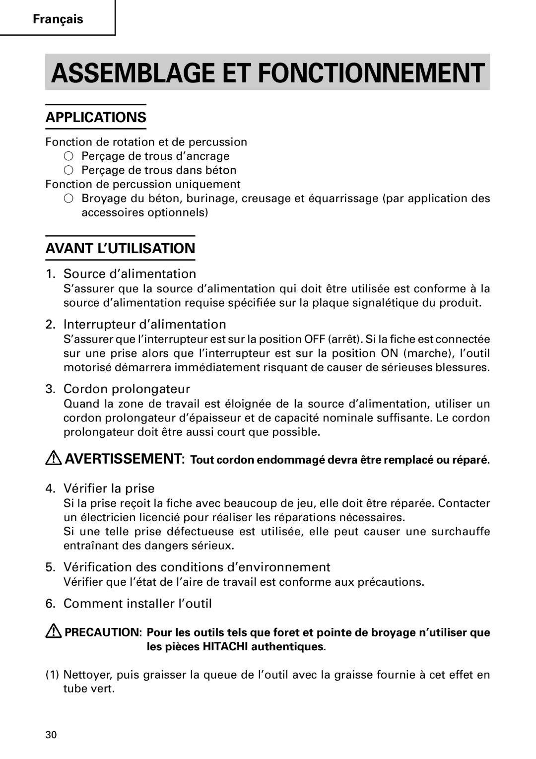 Hitachi DH 50MB instruction manual Avant L’UTILISATION 