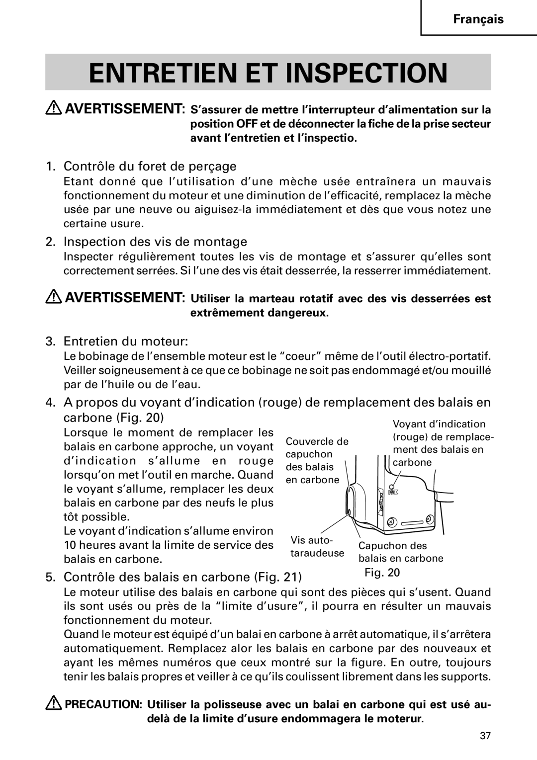 Hitachi DH 50MB Entretien ET Inspection, Contrôle du foret de perçage, Inspection des vis de montage, Entretien du moteur 