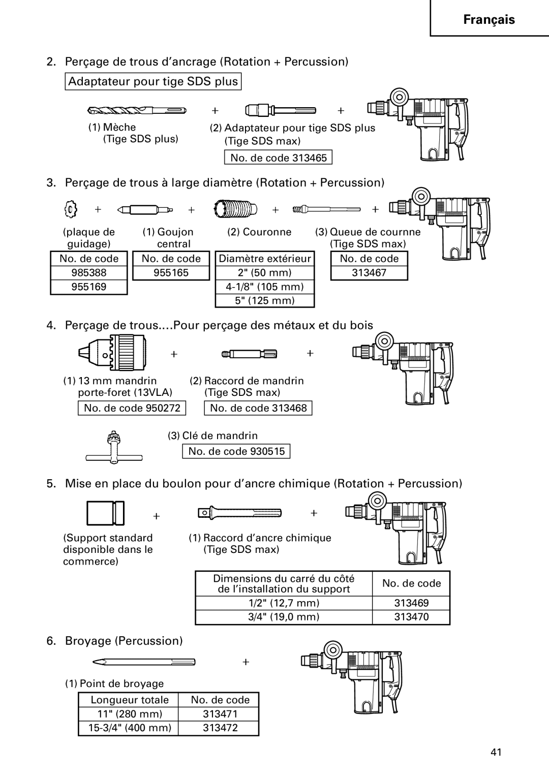 Hitachi DH 50MB instruction manual Perçage de trous.…Pour perçage des métaux et du bois 