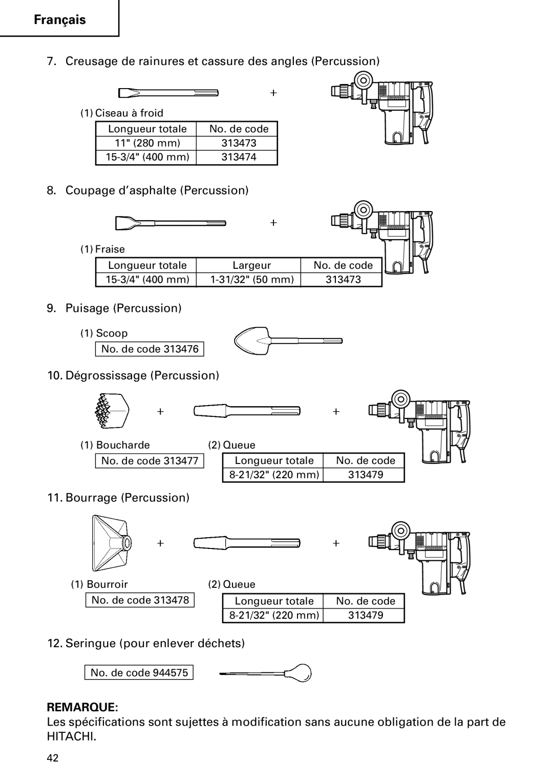 Hitachi DH 50MB instruction manual Creusage de rainures et cassure des angles Percussion 