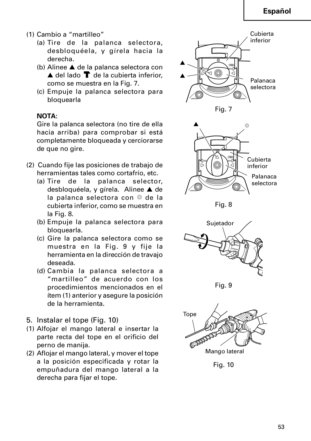 Hitachi DH 50MB instruction manual Instalar el tope Fig 