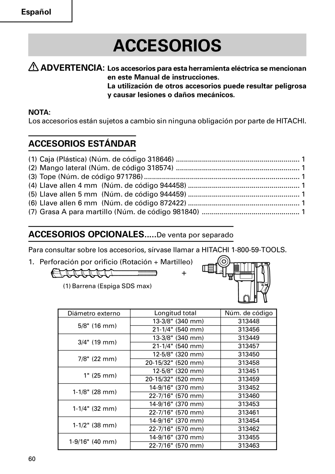 Hitachi DH 50MB instruction manual Accesorios Estándar 