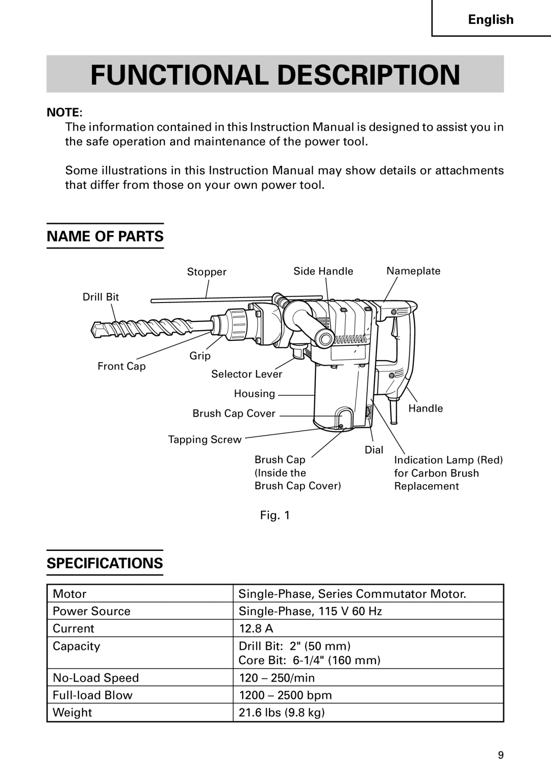 Hitachi DH 50MB instruction manual Functional Description, Name of Parts, Specifications 