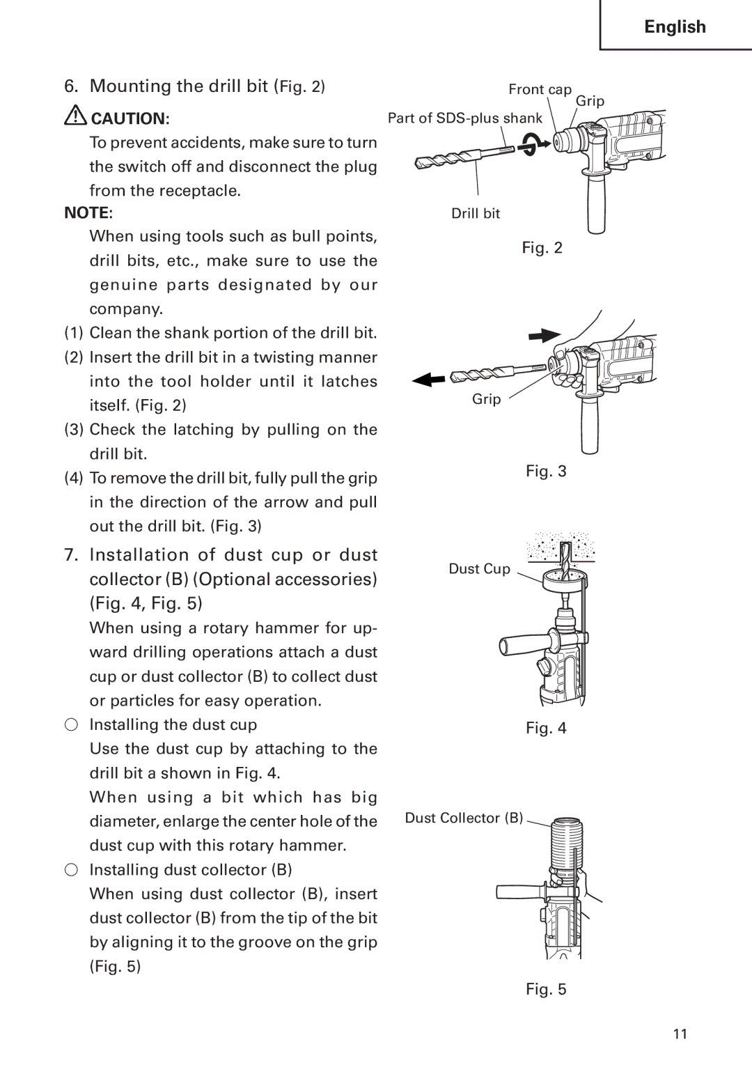 Hitachi DH24PB2 instruction manual Mounting the drill bit Fig 