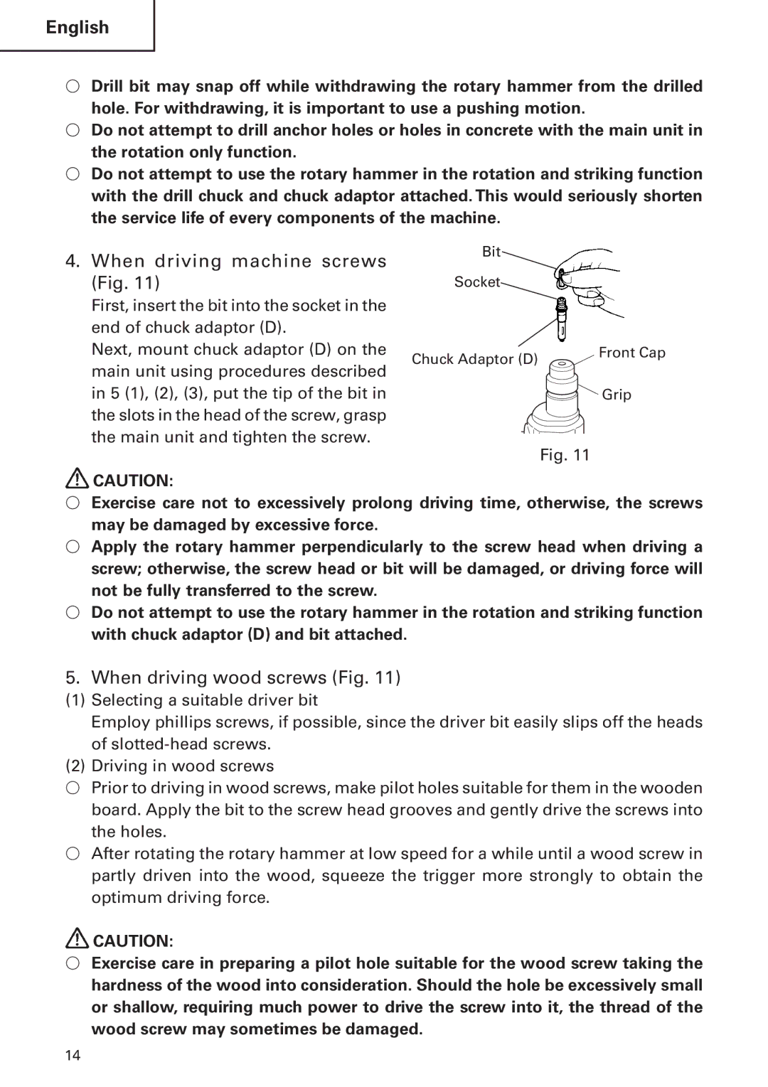 Hitachi DH24PB2 instruction manual When driving machine screws Fig, When driving wood screws Fig 