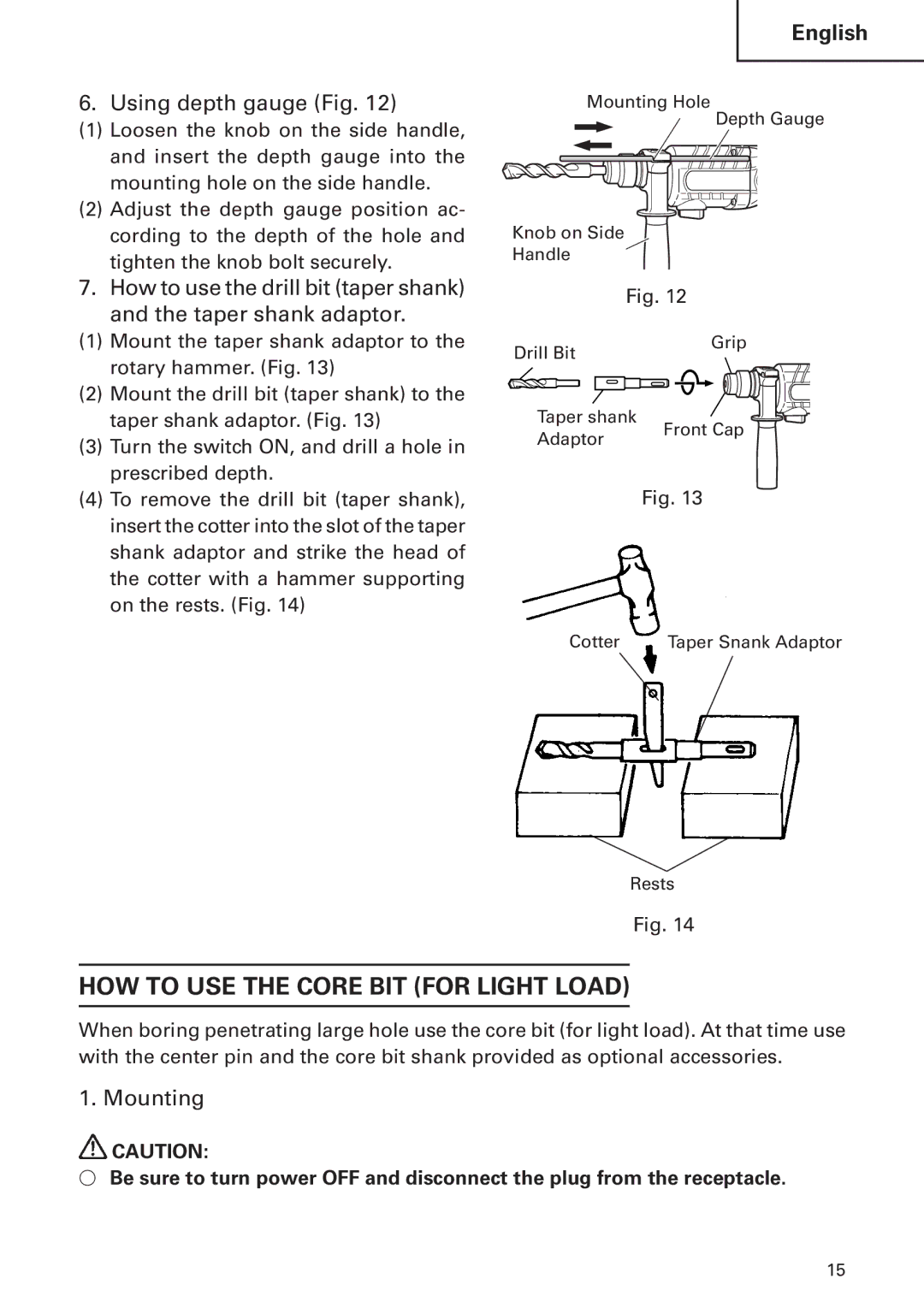 Hitachi DH24PB2 instruction manual HOW to USE the Core BIT for Light Load, Using depth gauge Fig, Mounting 