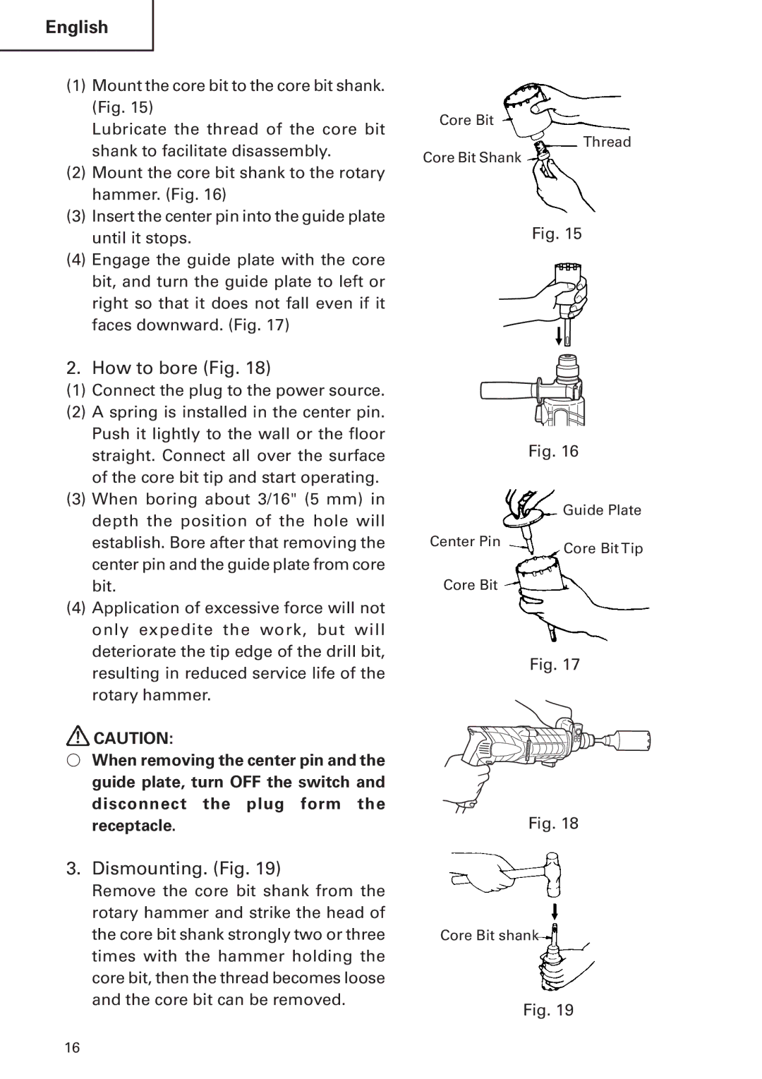 Hitachi DH24PB2 instruction manual How to bore Fig, Dismounting. Fig 