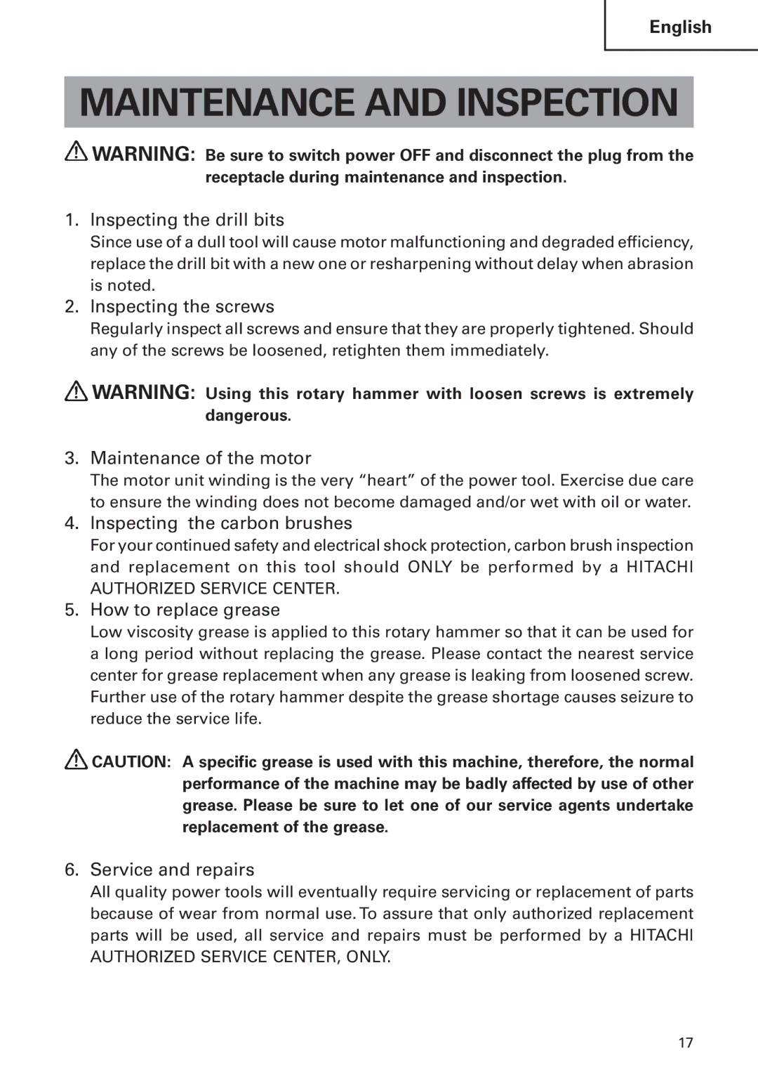 Hitachi DH24PB2 instruction manual Maintenance and Inspection 