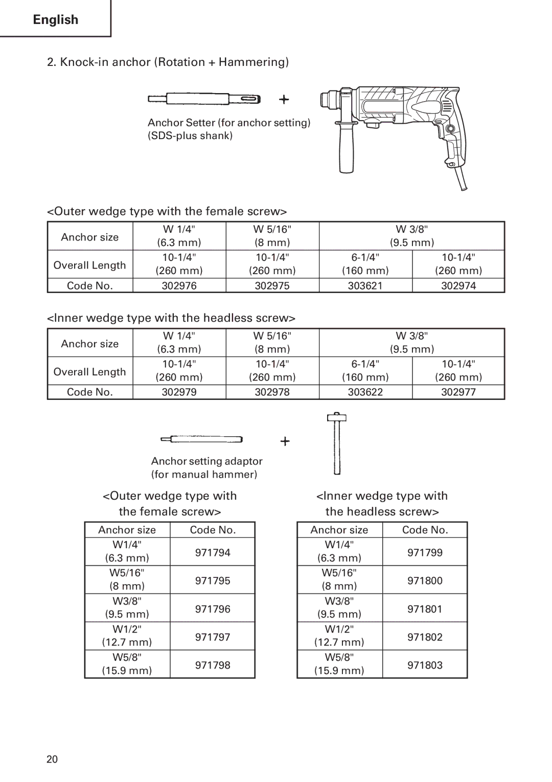 Hitachi DH24PB2 instruction manual Knock-in anchor Rotation + Hammering, Outer wedge type with the female screw 