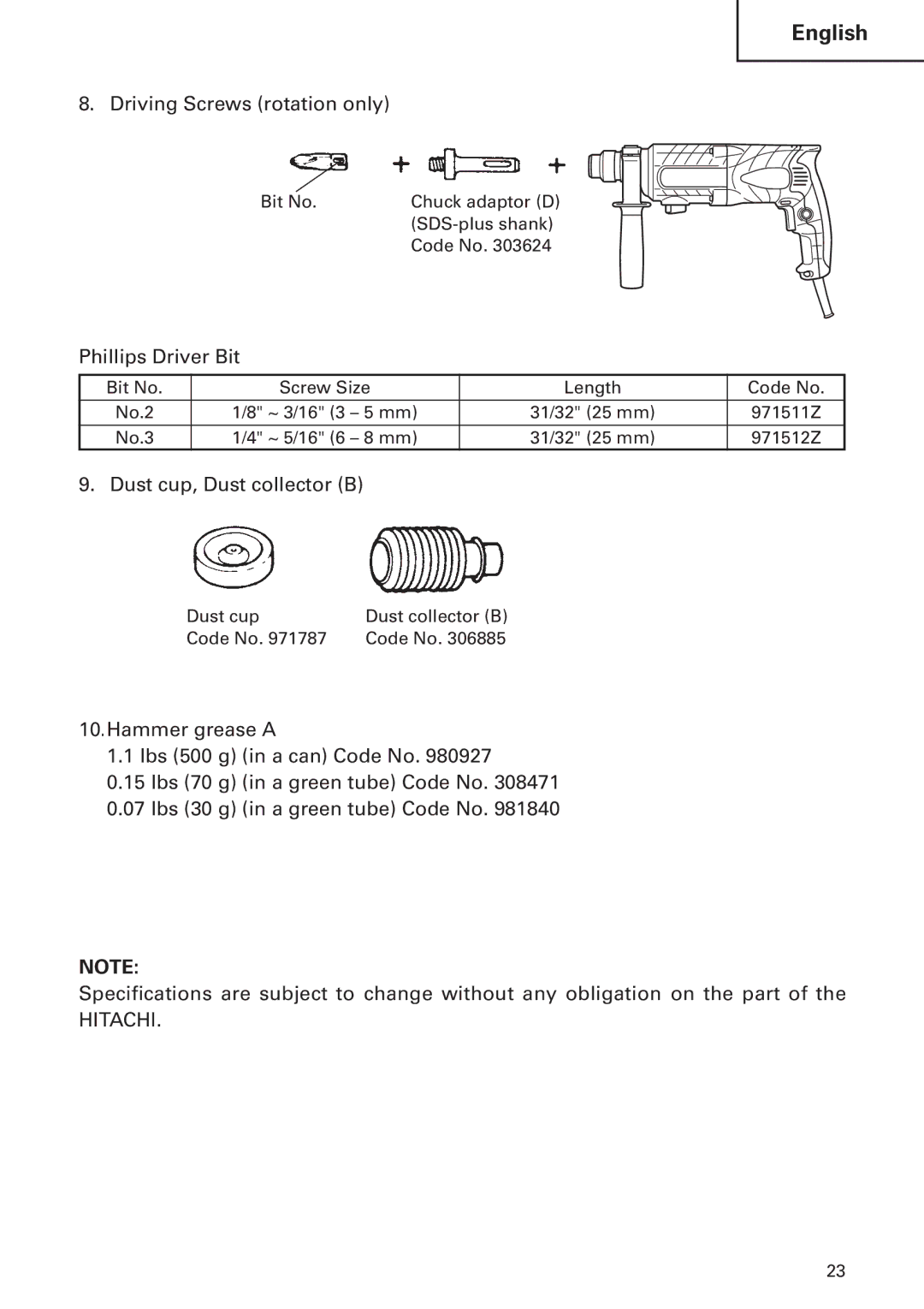 Hitachi DH24PB2 instruction manual Driving Screws rotation only, Phillips Driver Bit, Dust cup, Dust collector B 