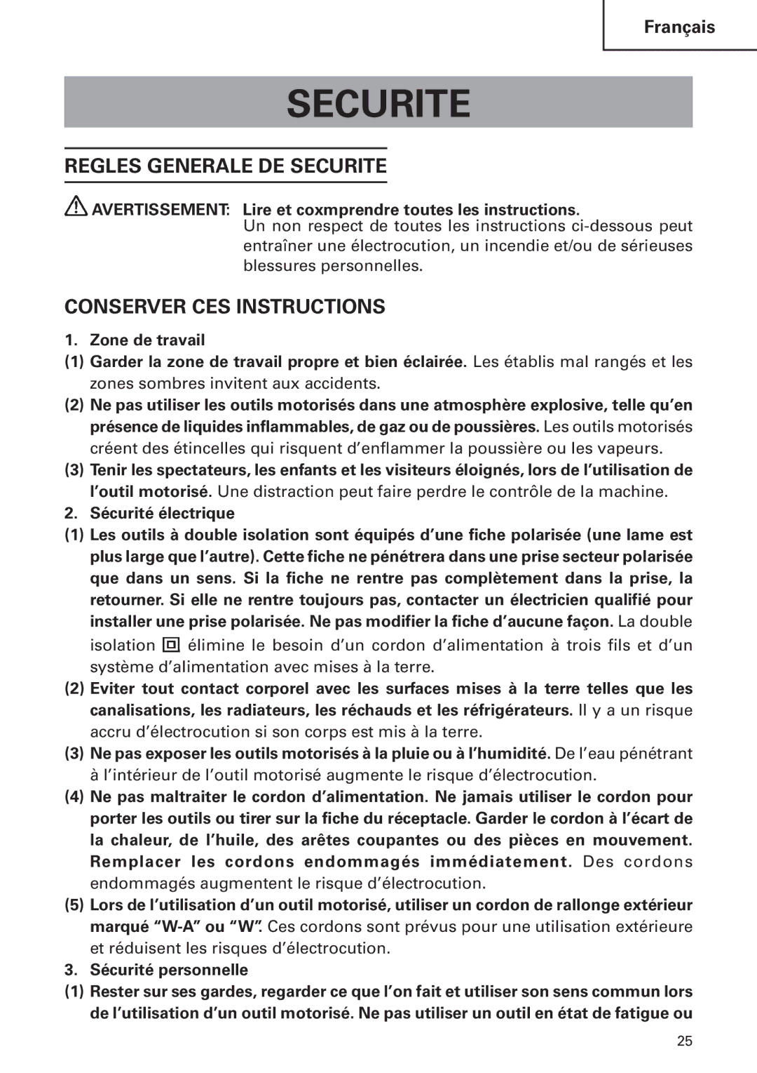 Hitachi DH24PB2 instruction manual Regles Generale DE Securite, Conserver CES Instructions 