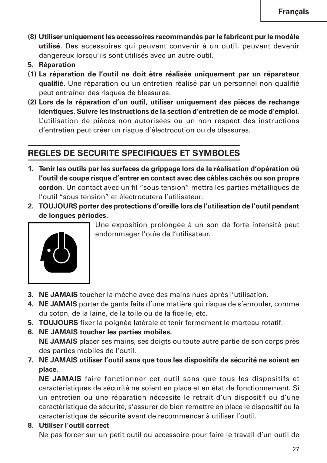 Hitachi DH24PB2 instruction manual Regles DE Securite Specifiques ET Symboles, NE Jamais toucher les parties mobiles 