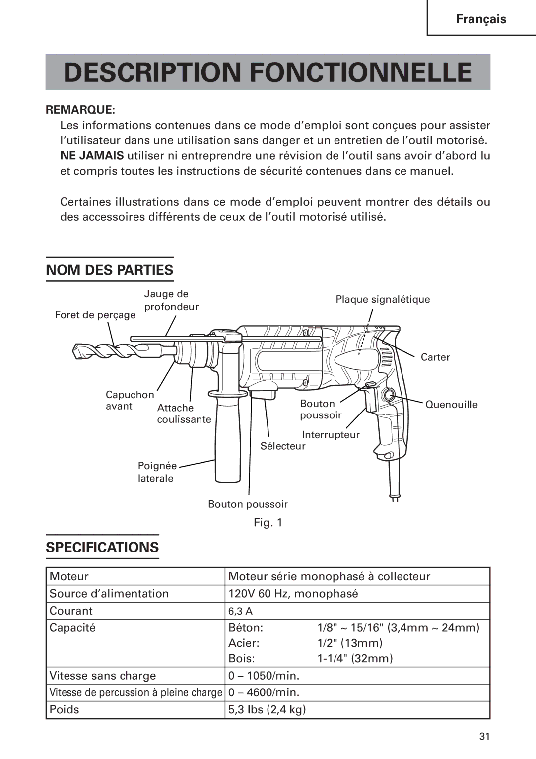 Hitachi DH24PB2 instruction manual Description Fonctionnelle, NOM DES Parties, 4600/min Poids Lbs 2,4 kg 