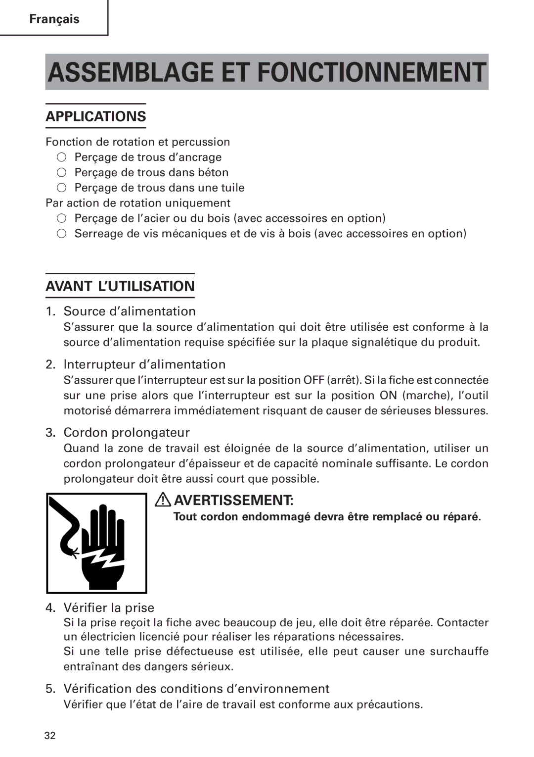 Hitachi DH24PB2 instruction manual Avant L’UTILISATION, Avertissement 