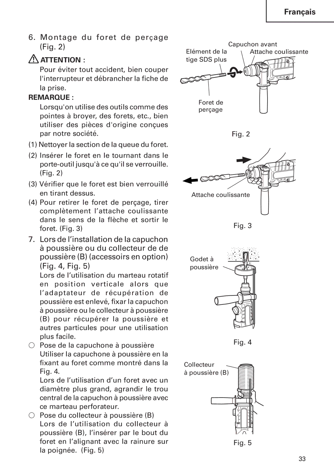 Hitachi DH24PB2 instruction manual Montage du foret de perçage Fig 