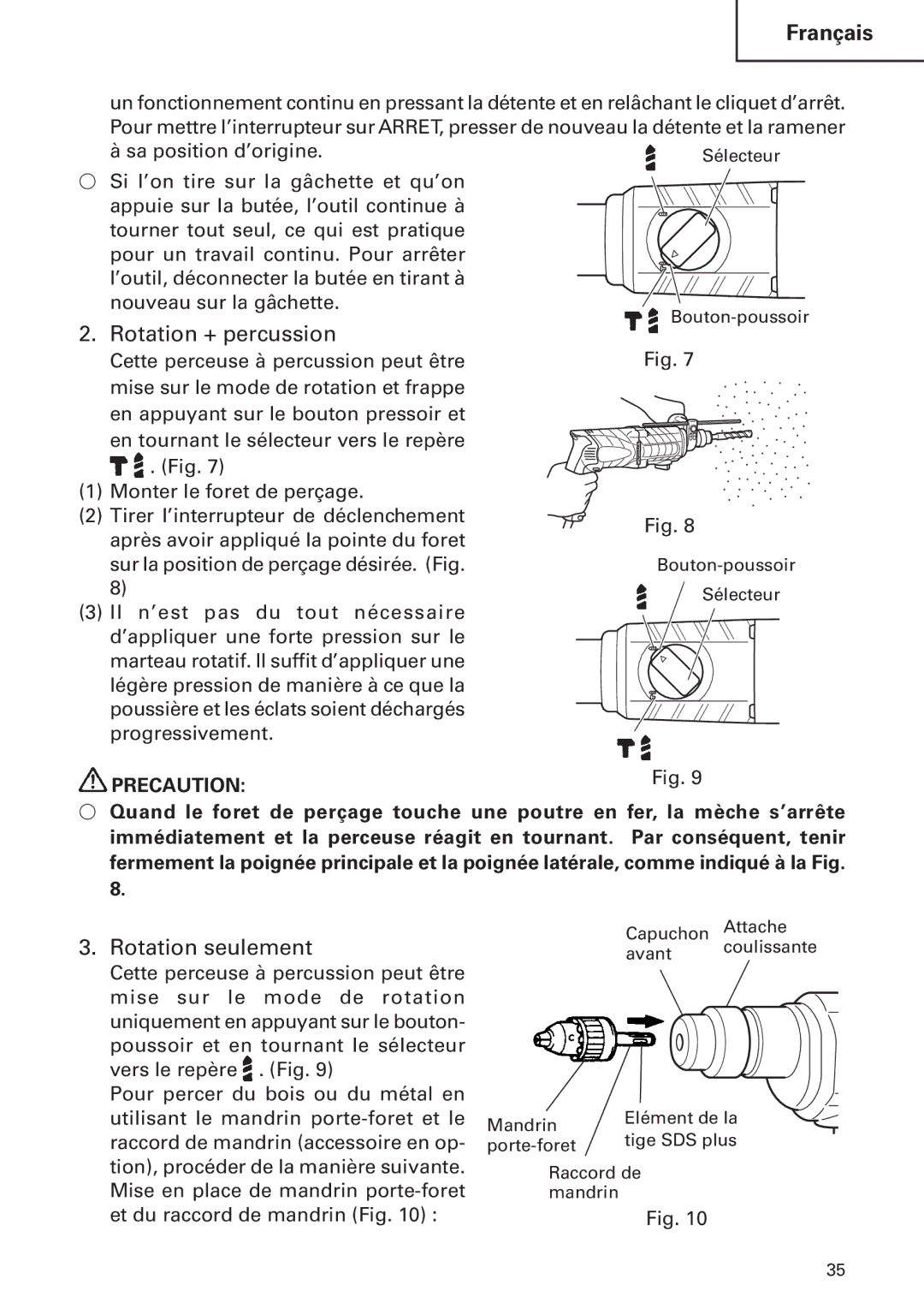 Hitachi DH24PB2 instruction manual Rotation + percussion, Rotation seulement 