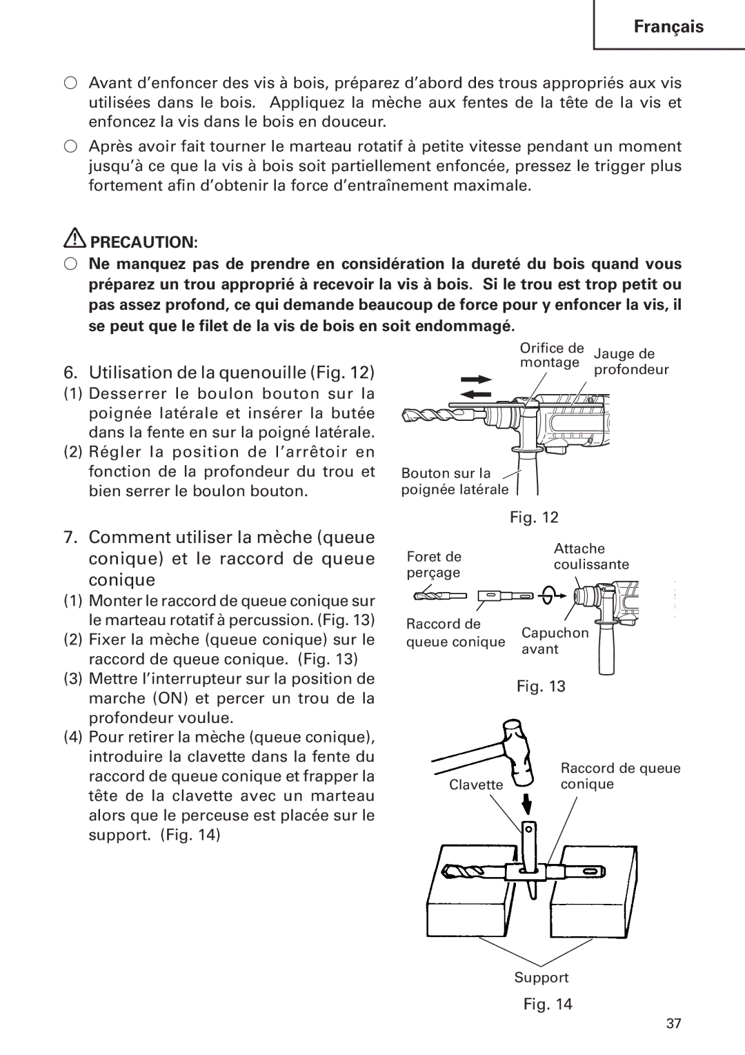 Hitachi DH24PB2 instruction manual Utilisation de la quenouille Fig, Comment utiliser la mèche queue, Conique 