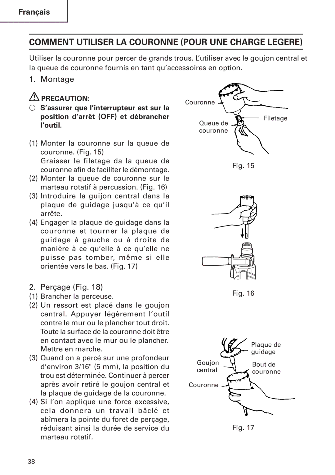 Hitachi DH24PB2 instruction manual Comment Utiliser LA Couronne Pour UNE Charge Legere, Montage, Perçage Fig 