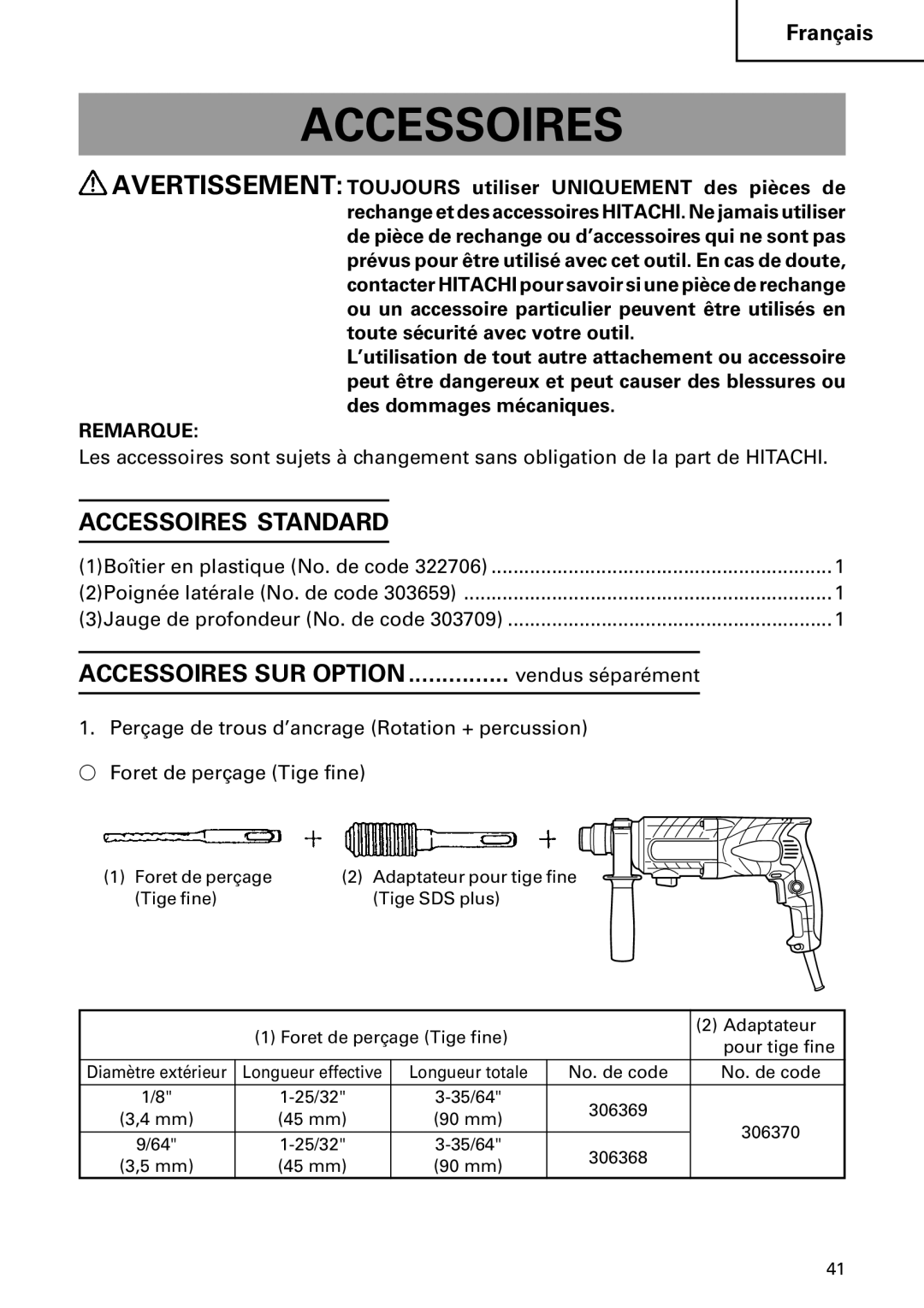 Hitachi DH24PB2 instruction manual Accessoires Standard, Vendus séparément 