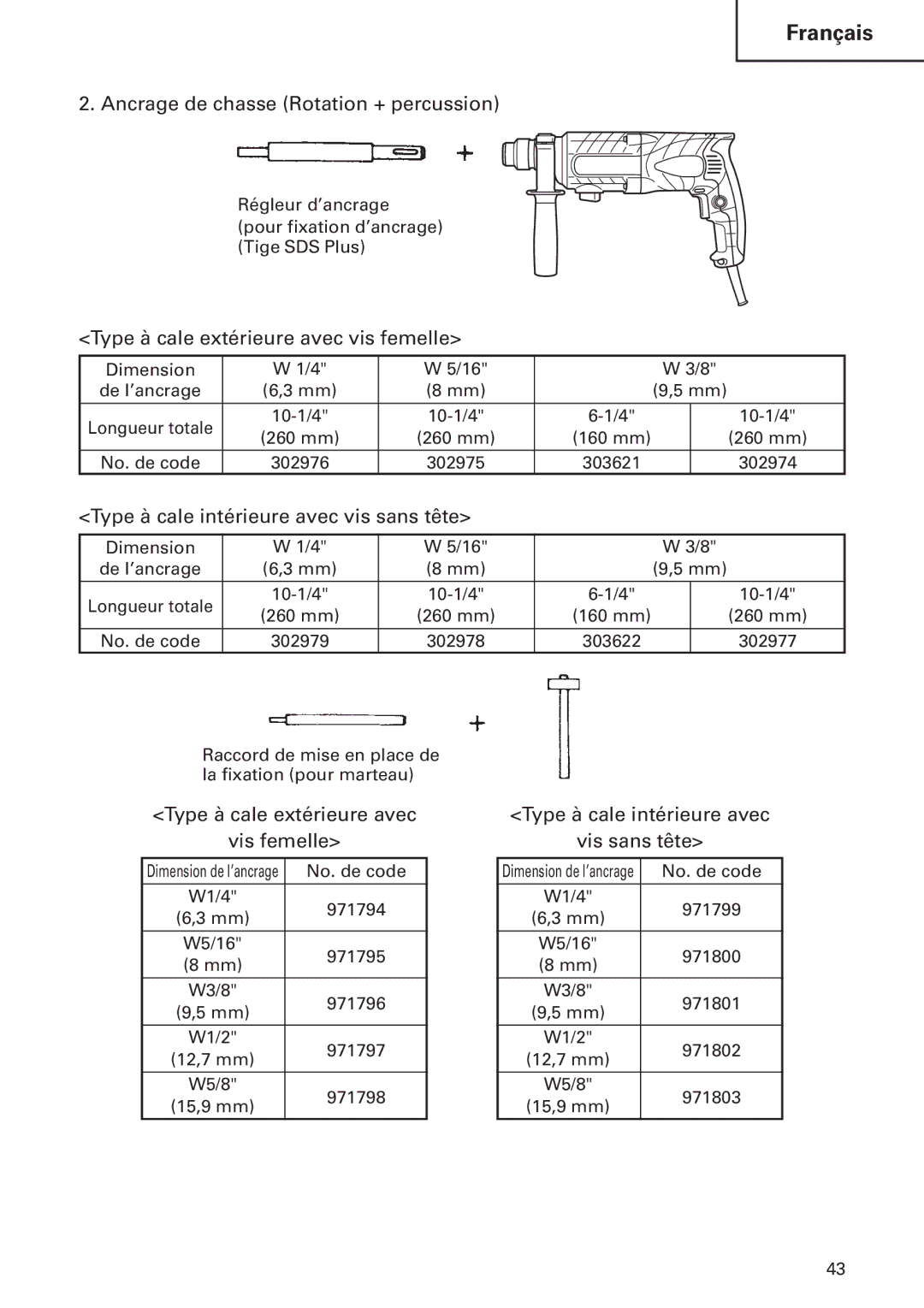 Hitachi DH24PB2 instruction manual Ancrage de chasse Rotation + percussion, Type à cale extérieure avec vis femelle 