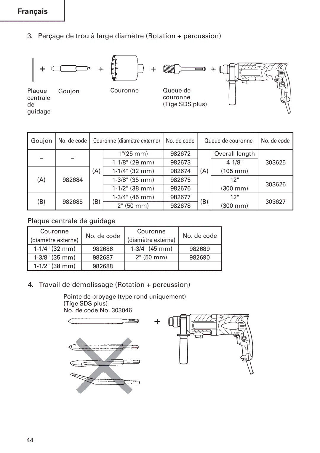 Hitachi DH24PB2 instruction manual Perçage de trou à large diamètre Rotation + percussion, Plaque centrale de guidage 