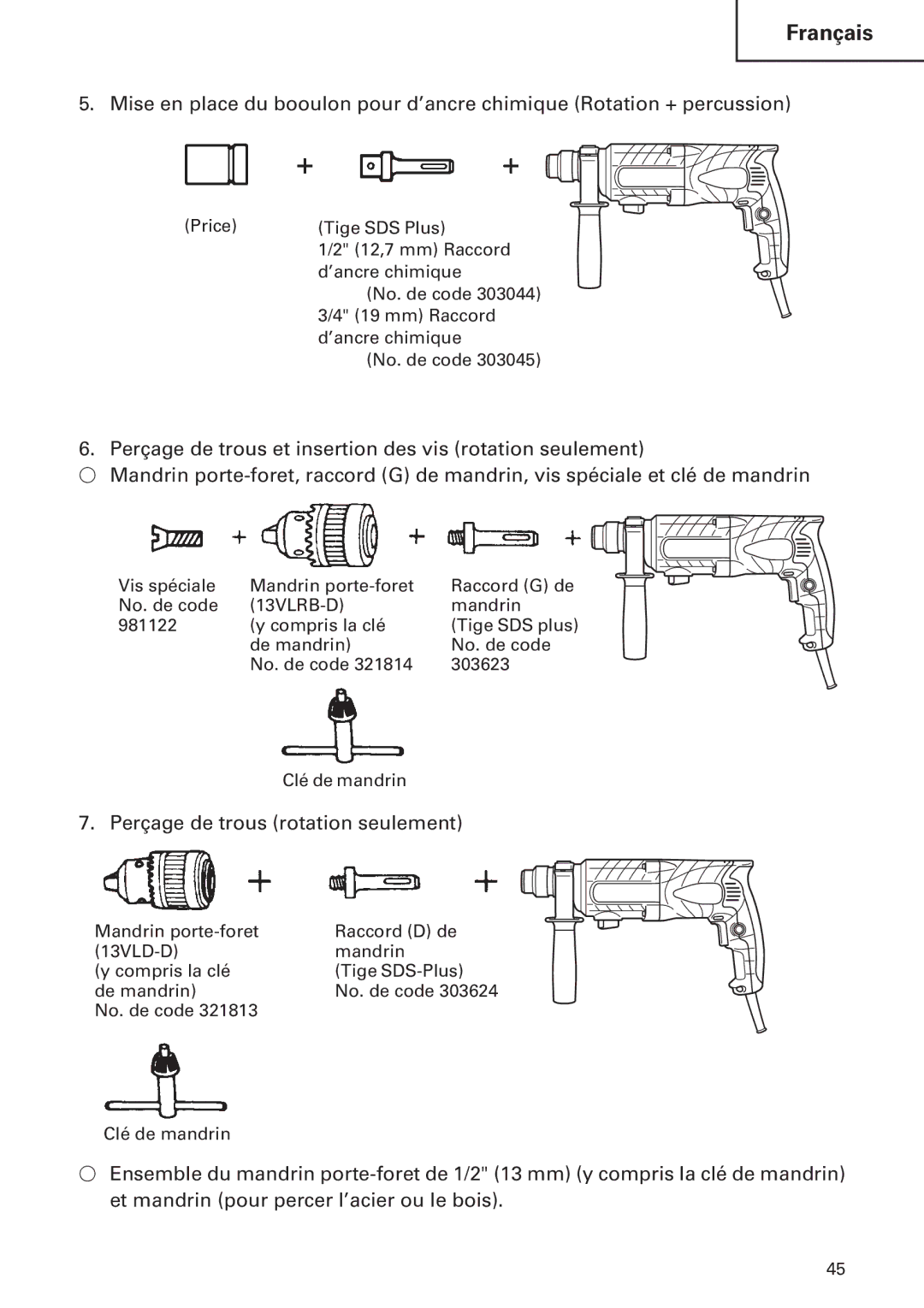 Hitachi DH24PB2 instruction manual Perçage de trous rotation seulement 