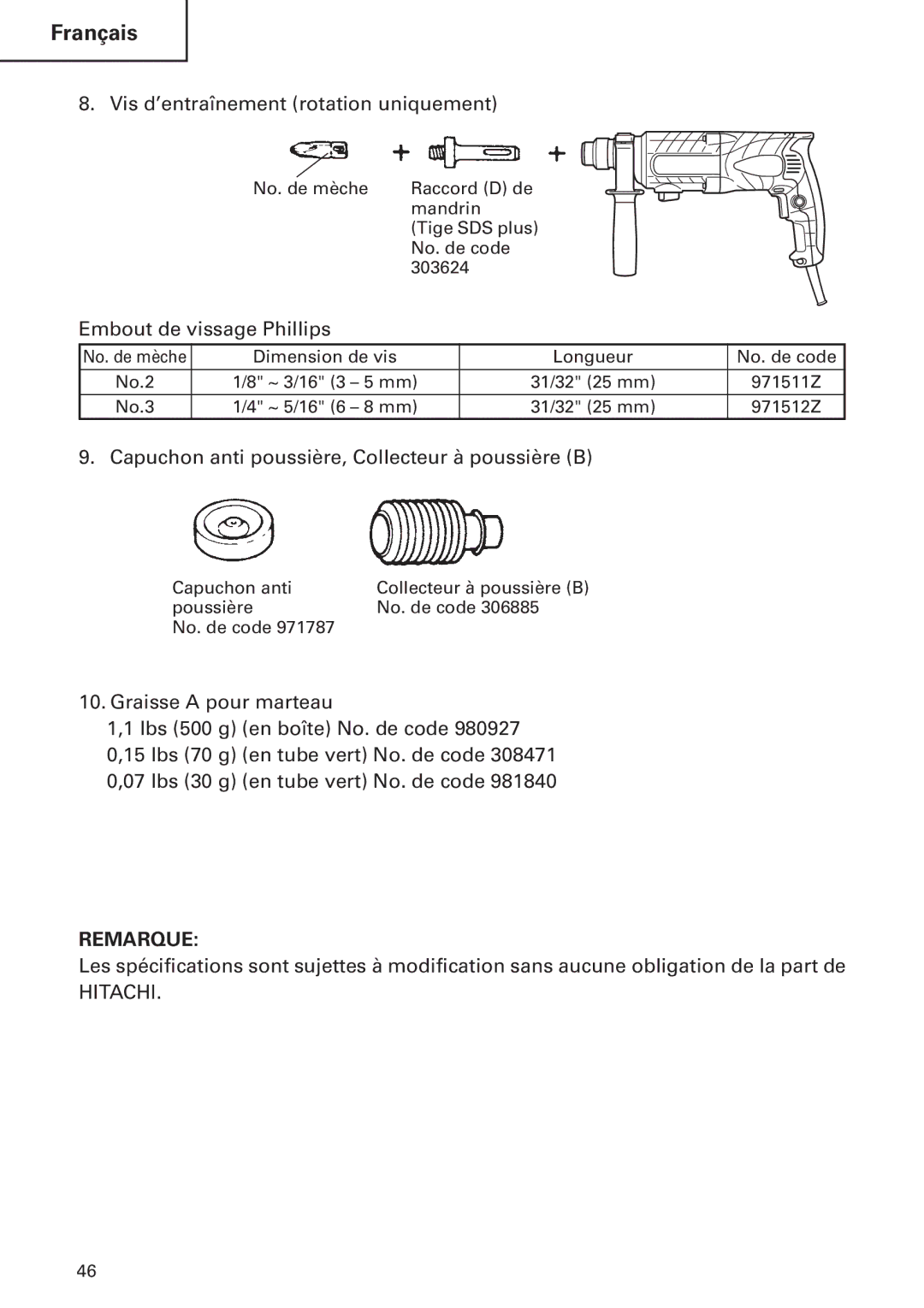 Hitachi DH24PB2 instruction manual Vis d’entraînement rotation uniquement, Embout de vissage Phillips 