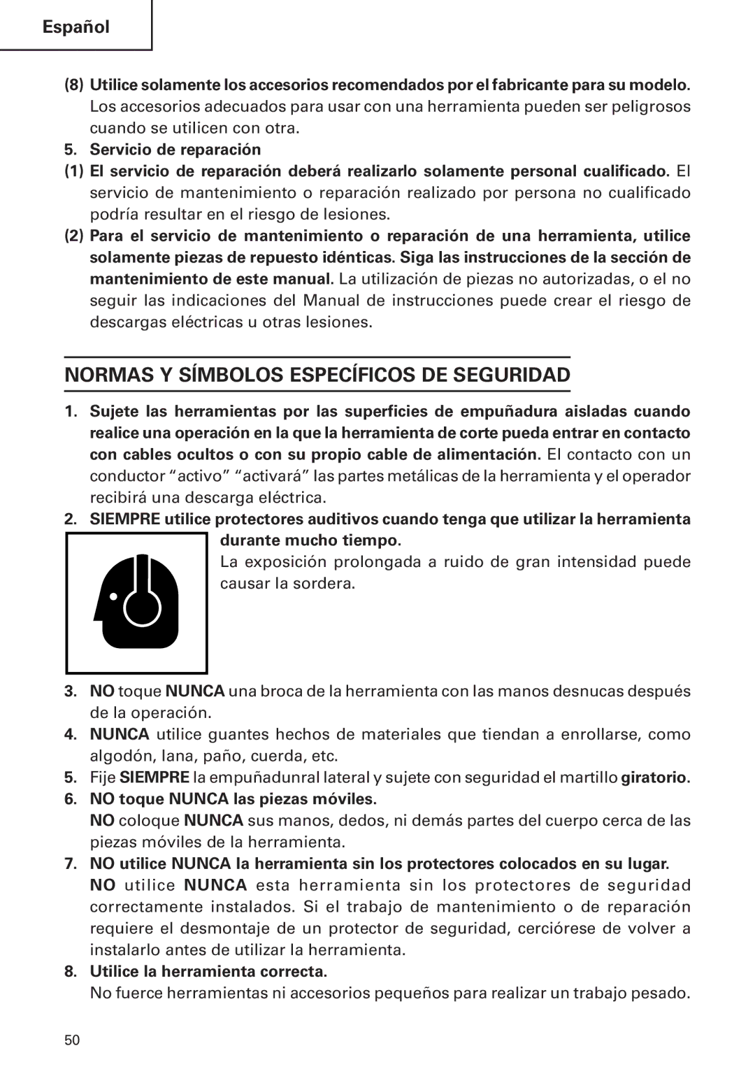 Hitachi DH24PB2 instruction manual Normas Y Símbolos Específicos DE Seguridad, No toque Nunca las piezas móviles 