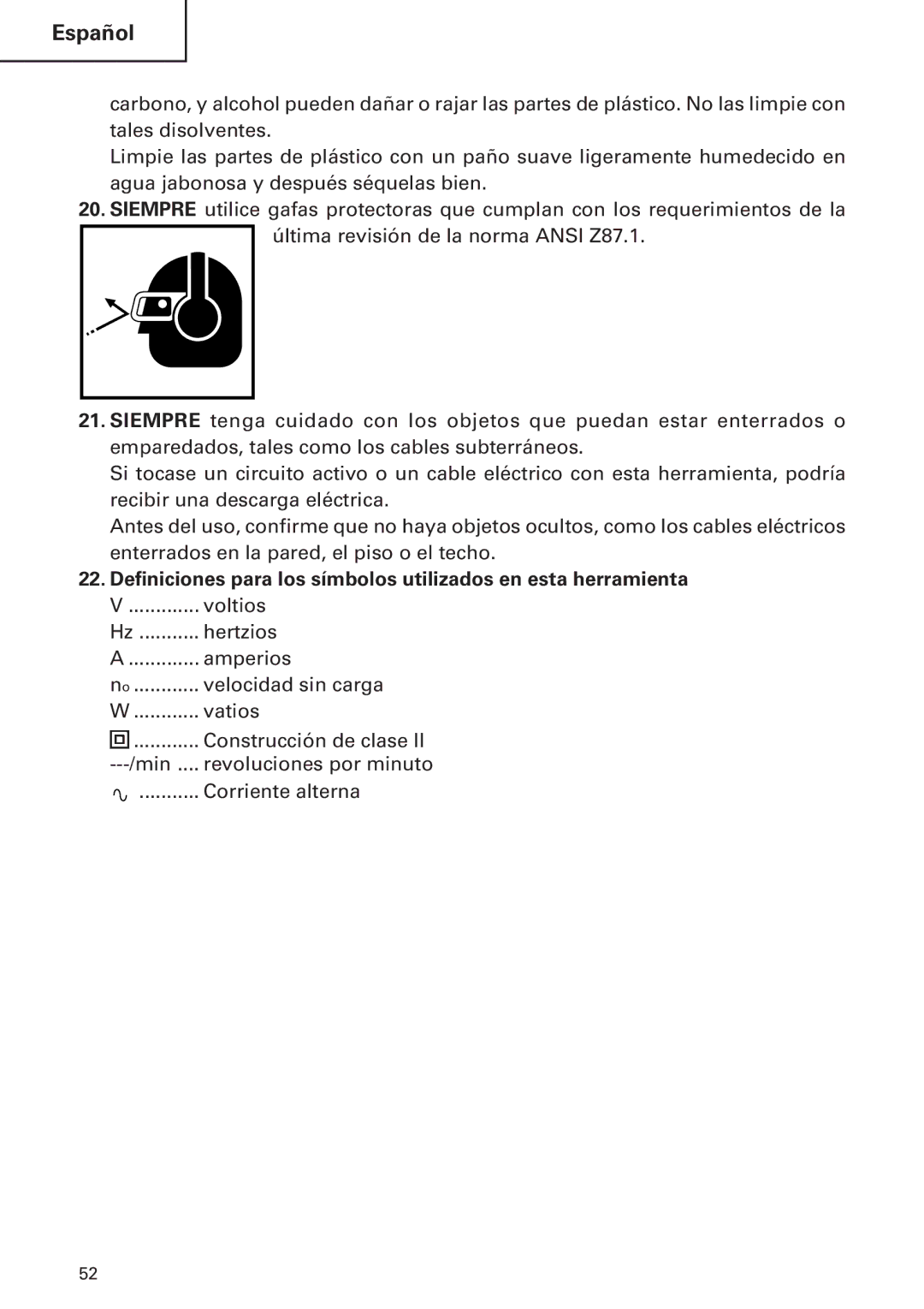 Hitachi DH24PB2 instruction manual Voltios, Hertzios, Amperios, Velocidad sin carga, Vatios, Construcción de clase 