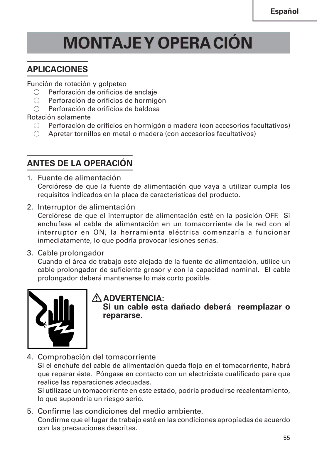 Hitachi DH24PB2 instruction manual Montaje Y Opera Ción, Aplicaciones, Antes DE LA Operación, Advertencia 