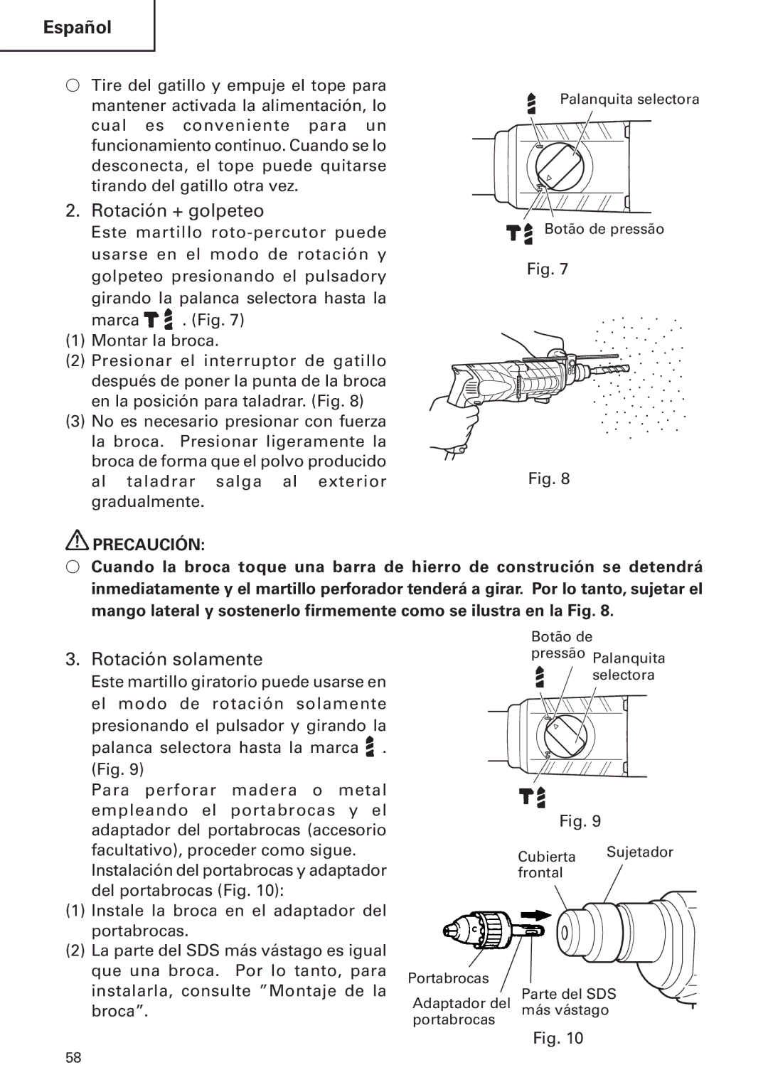 Hitachi DH24PB2 instruction manual Rotación + golpeteo, Rotación solamente 