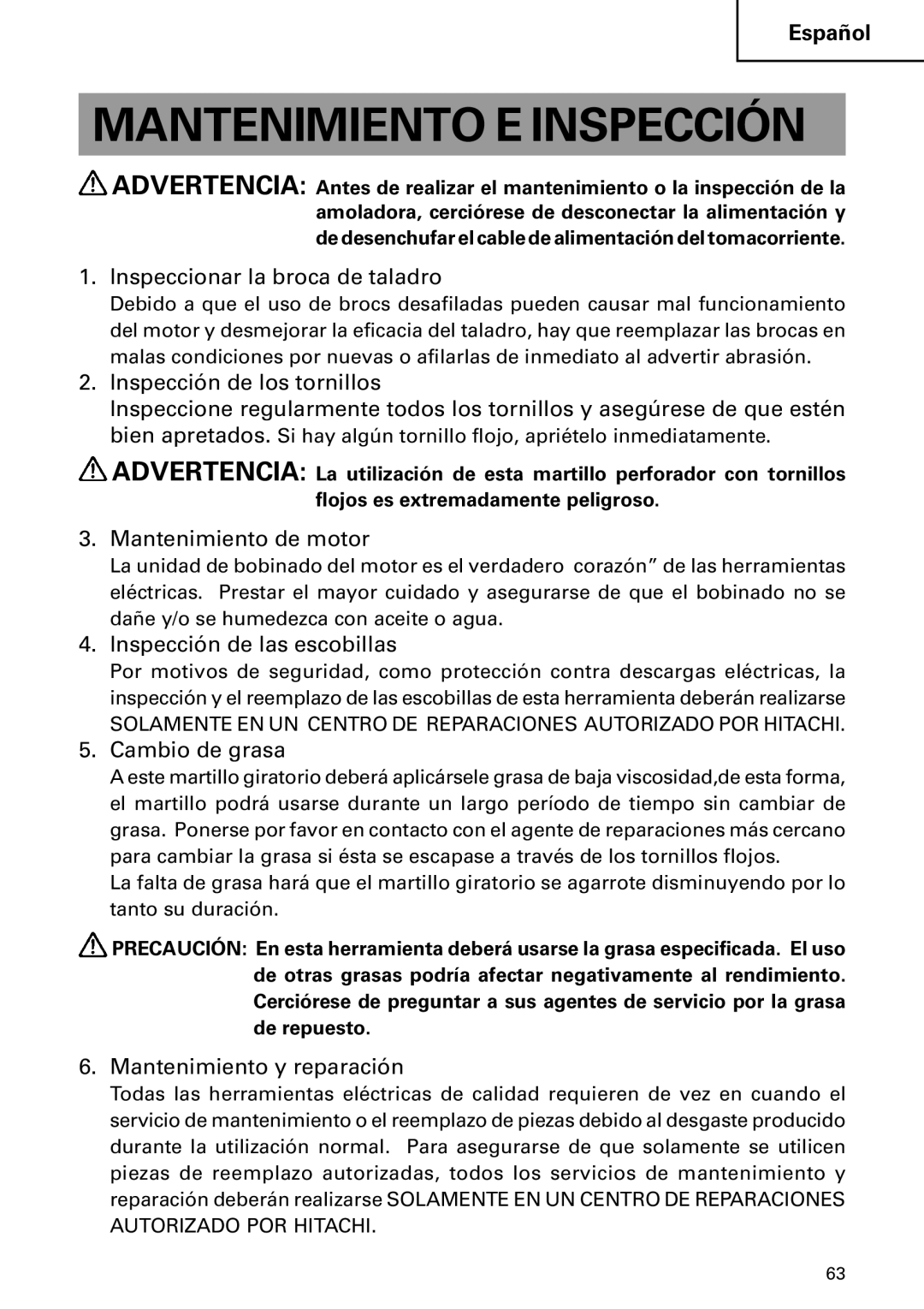 Hitachi DH24PB2 instruction manual Mantenimiento E Inspección 