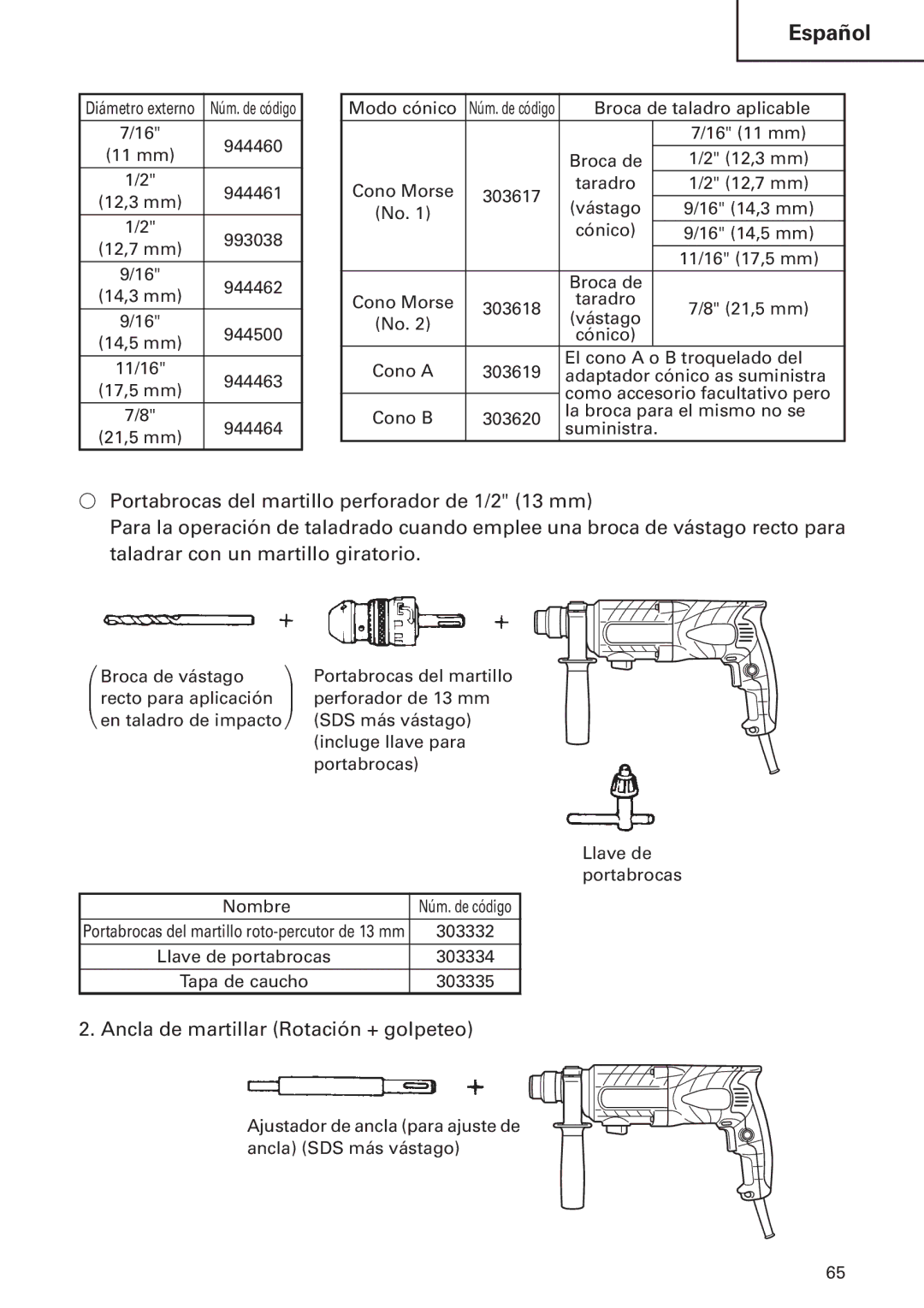 Hitachi DH24PB2 instruction manual Ancla de martillar Rotación + golpeteo 