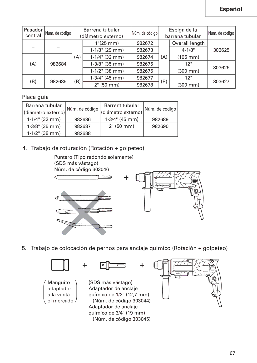 Hitachi DH24PB2 instruction manual Placa guia, Trabajo de roturación Rotación + golpeteo 