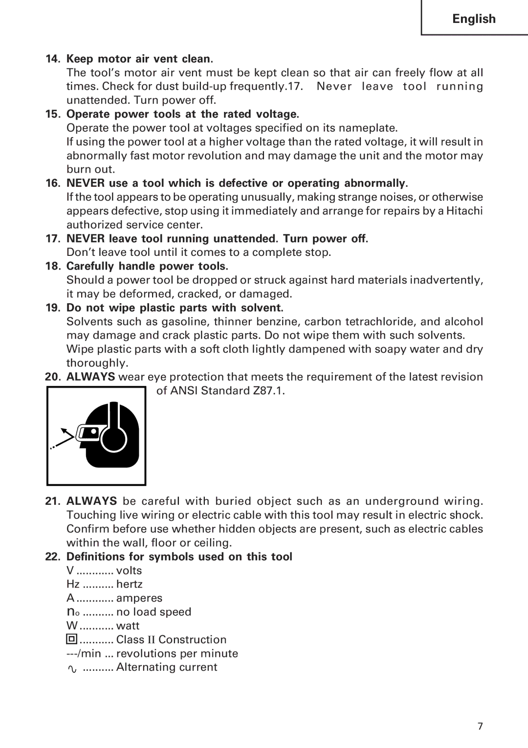 Hitachi DH24PB2 instruction manual Keep motor air vent clean, Operate power tools at the rated voltage 