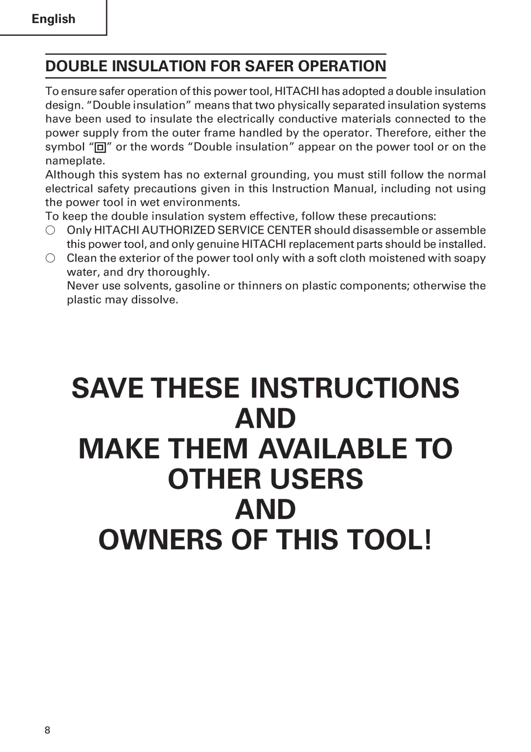 Hitachi DH24PB2 instruction manual Make Them Available to Other Users Owners of this Tool 